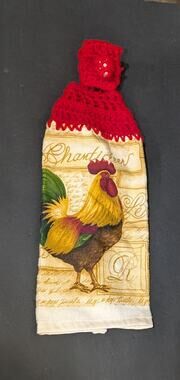 Vintage Chanticleer Rooster Crochet Hanging Kitchen Hand Towel Red Boho
